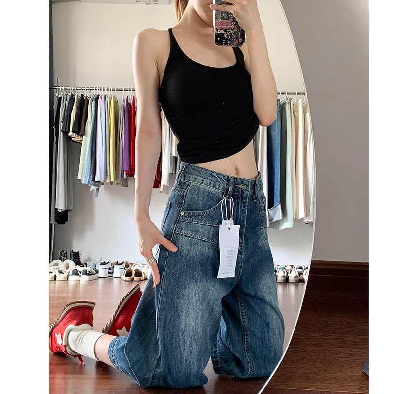 美式复古深蓝阔腿七分牛仔裤女2025夏季新款遮胯显瘦小个字直筒裤