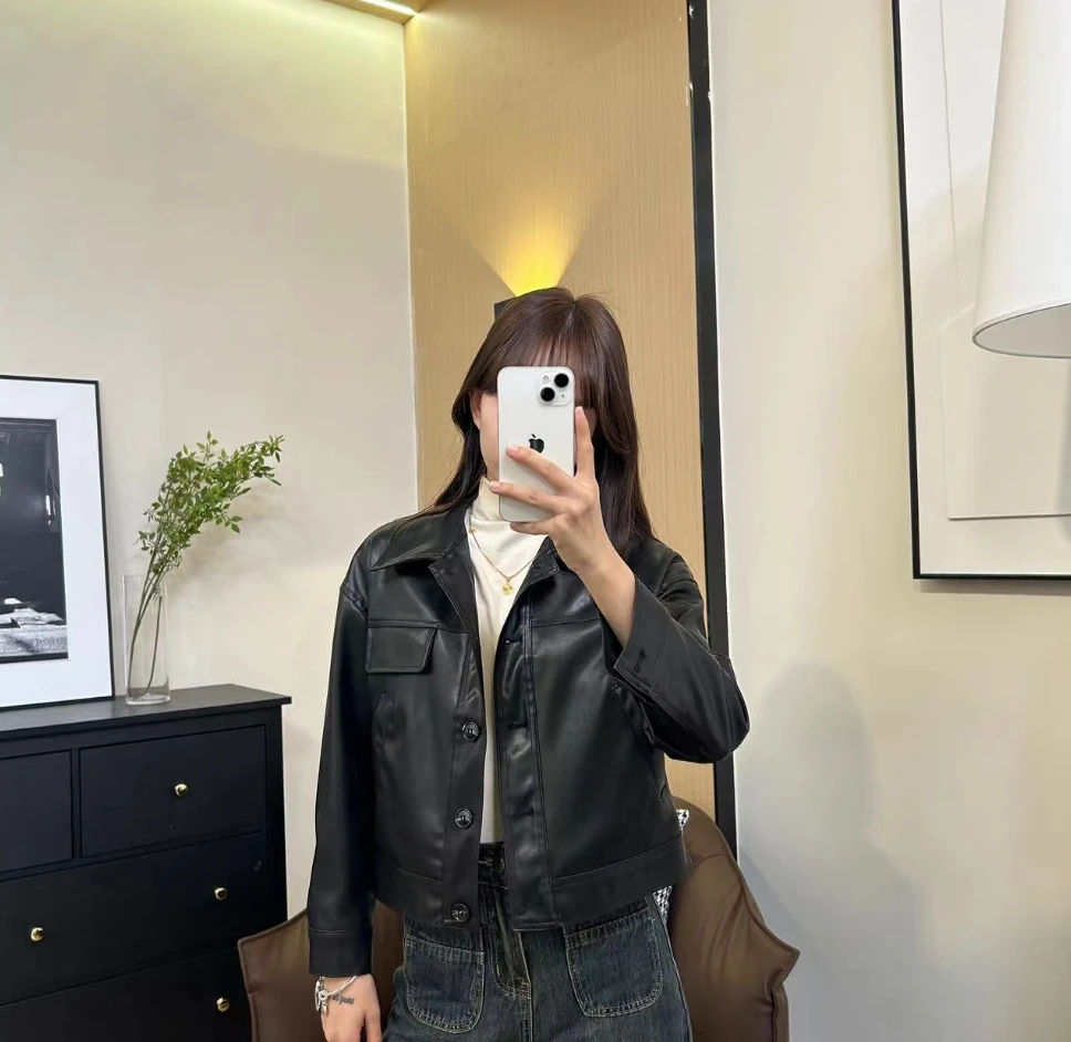 【现货】设计感小众翻领长袖休闲百搭气质皮衣外套-91662