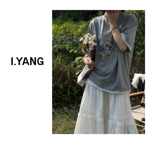 I.YANG东大门同款韩系复古慵懒圆领鸭子拼花边T短袖T恤夏季印花
