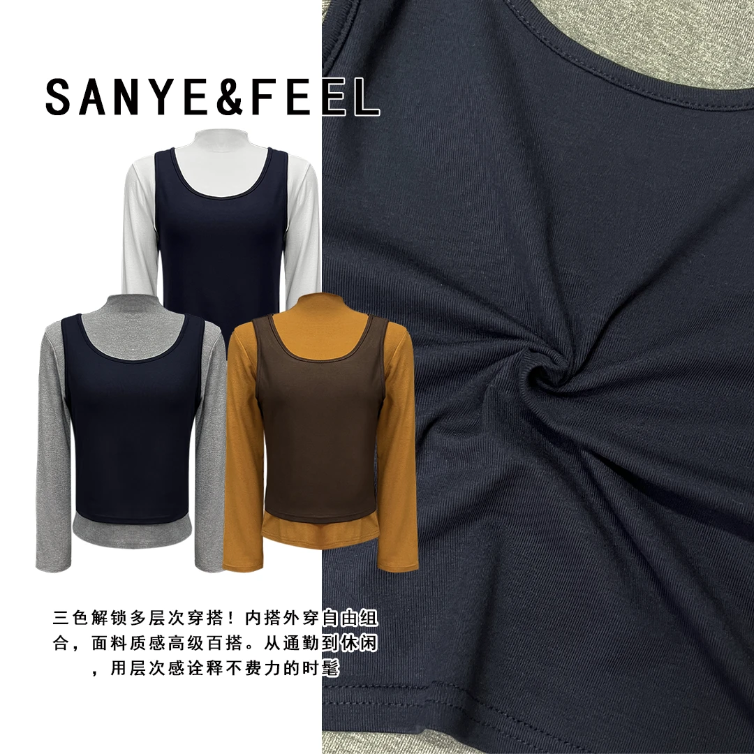 sanye&feel/妍三也【韩系叠穿】假两件立领慵懒风气质上衣532170YX