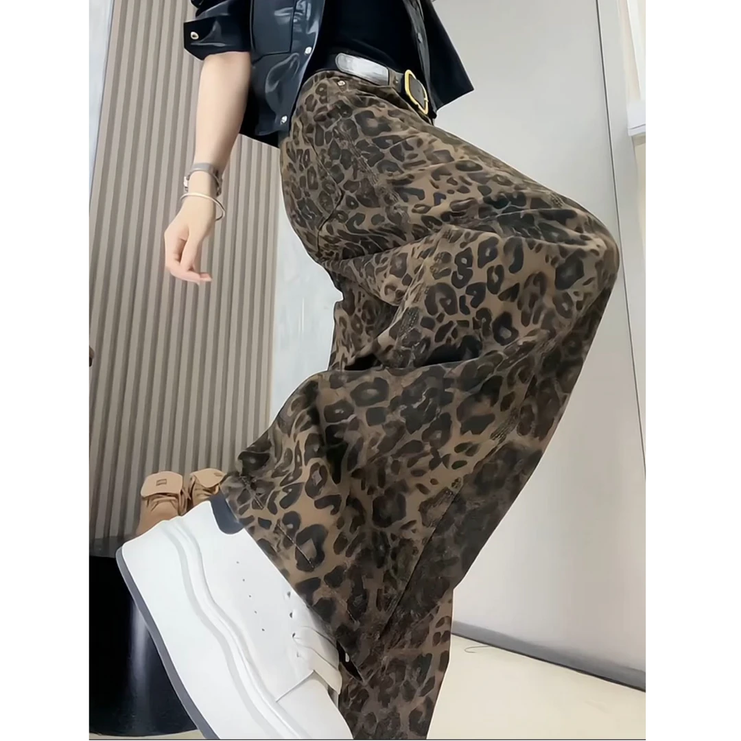 欧货豹纹牛仔阔腿裤女2025秋季高腰宽松显瘦弯刀裤高个子拖地长裤