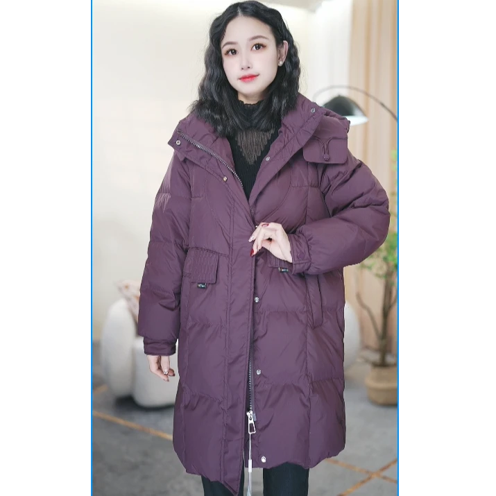 专属韩版冬季高端连帽长款羽绒服女士简约冬季长款加厚外套1