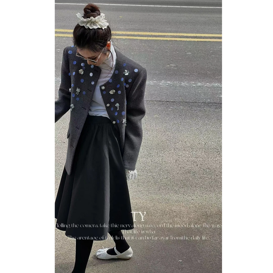 【no退no换 谨慎下单】大圆片钉珠袖口蕾丝拼接毛呢西装外套 Y8218