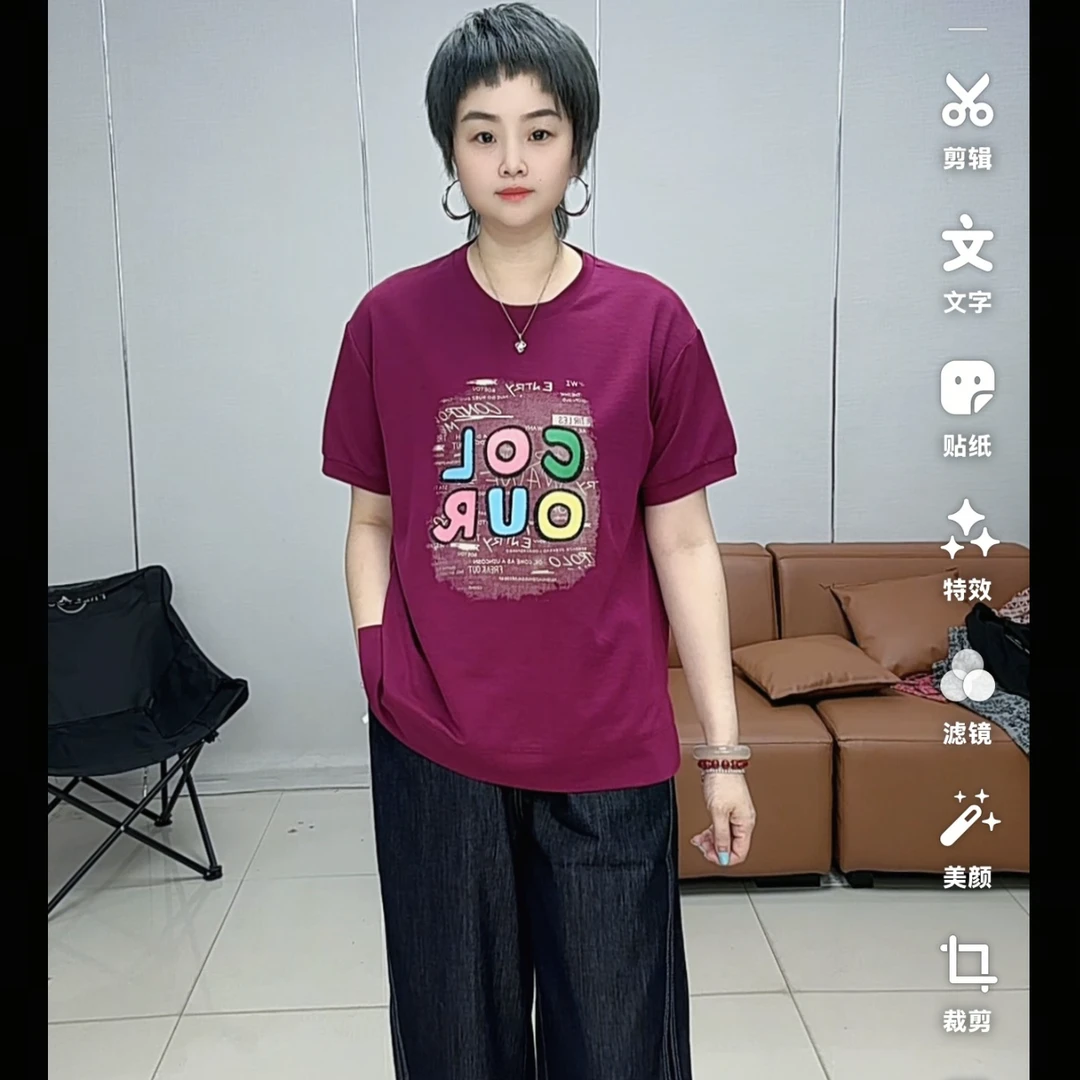 小施家时尚宽松遮肉显瘦工艺字母大版T恤5967