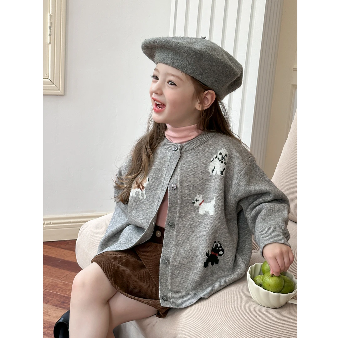 【新品】女童秋气质卡通毛衣儿童可爱小狗针织开衫外套 24Y167
