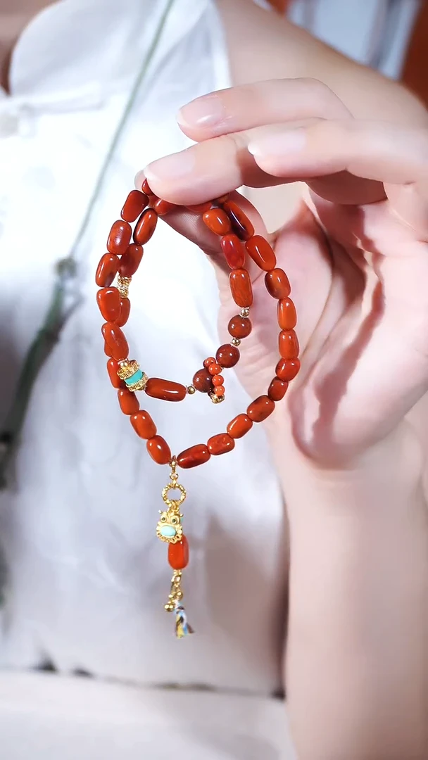 银S925镶嵌柿子红南红玛瑙双圈