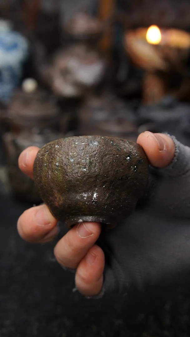 二羊手捏柴烧葫芦杯