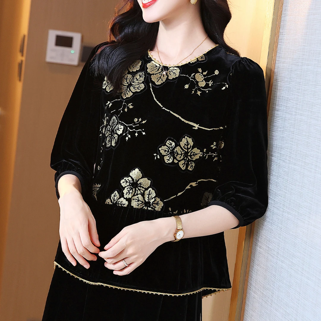 双11花卉烫金真丝丝绒上衣圆领七分袖气质时尚显瘦套头桑蚕丝小衫
