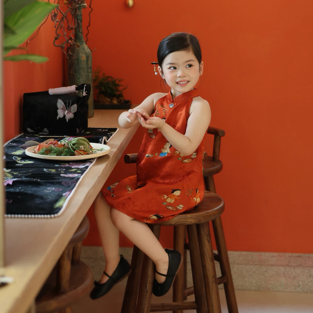 壹妈女童旗袍裙2025夏装新款新中式古风挂脖旗袍裙温柔尔雅汉服裙