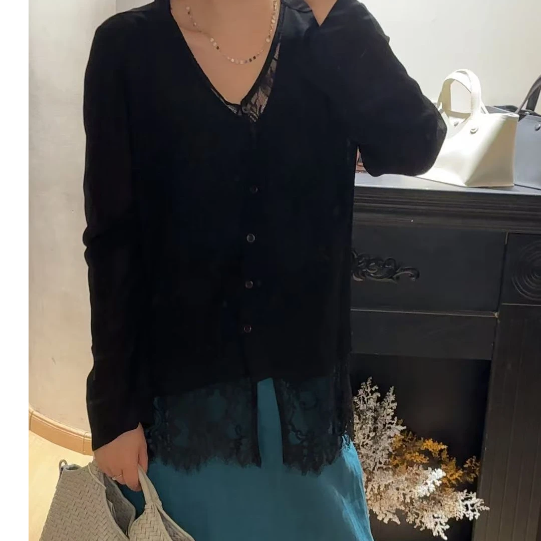 【衣衣不舍】高品质韩系衬衫女装女士小衫上衣百搭黑色蕾丝气质长袖