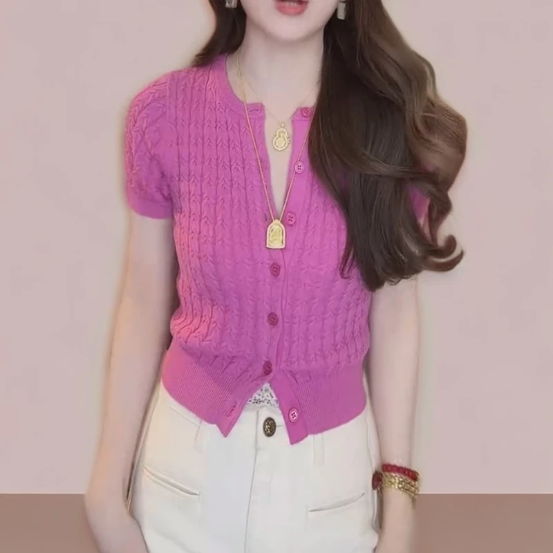 多巴胺玫粉色针织衫女2025夏季新款显瘦显高修身百搭短款正肩t恤