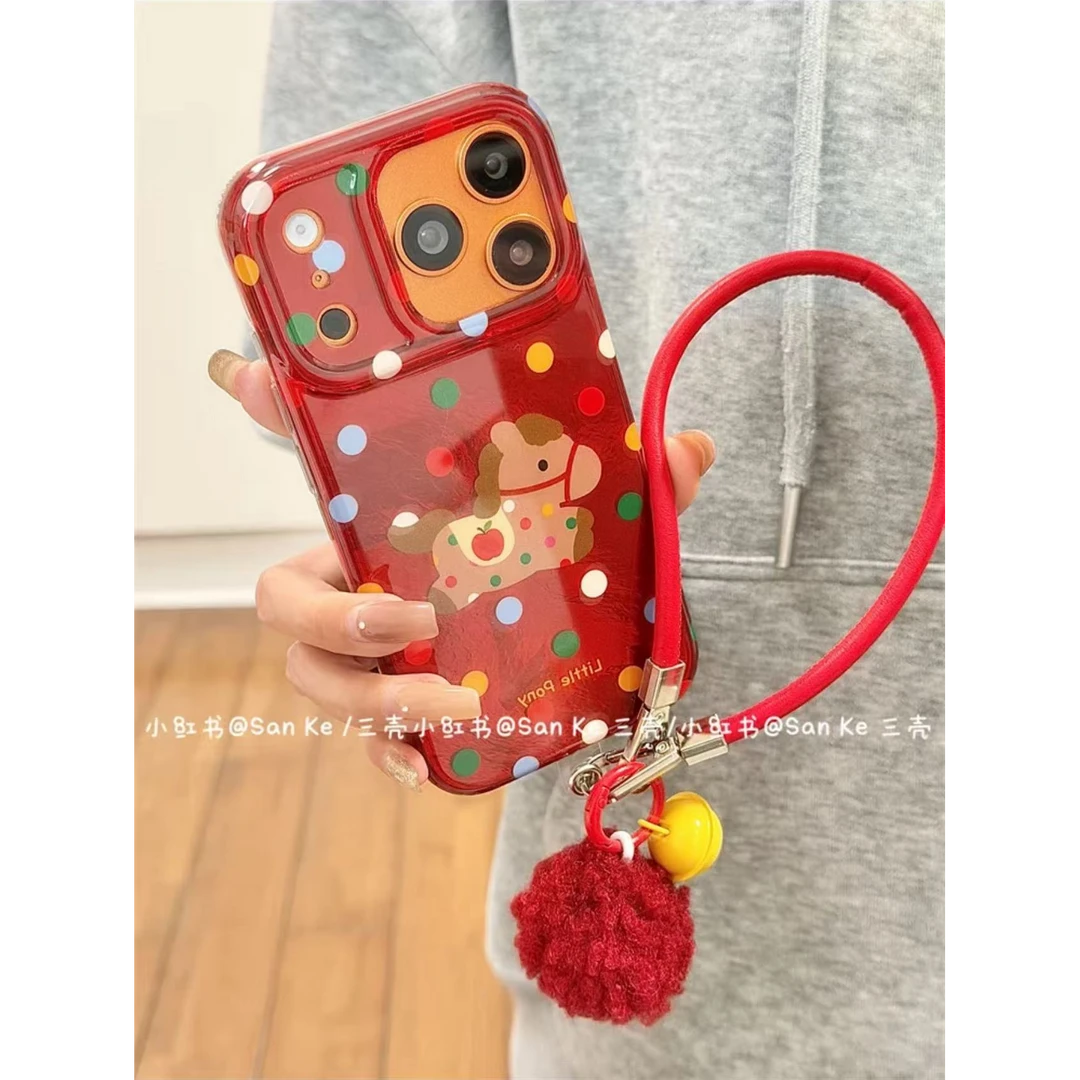 彩色波点红色小马手绳适用苹果17promax手机壳iPhone16pro/15女14