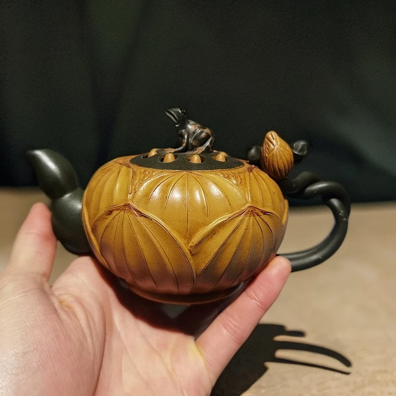 名家旧藏精品莲花青蛙之飞蝗腾达紫砂壶260毫升手把壶