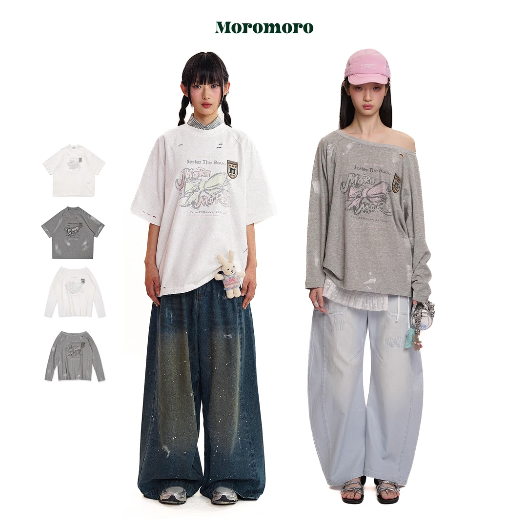 Moromoro 擦旧蝴蝶结徽章盾牌刷浆短袖