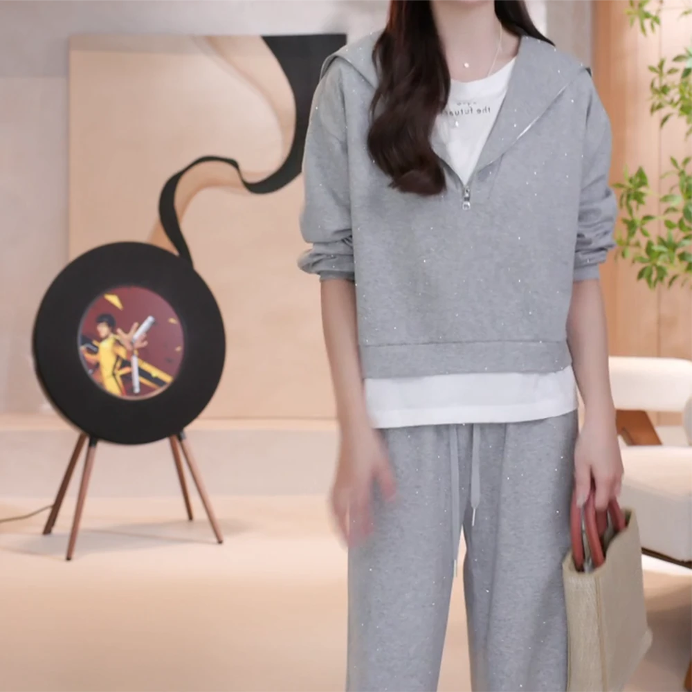 2025新款时尚设计感烫钻套装假两件长袖卫衣+休闲阔腿裤两件套