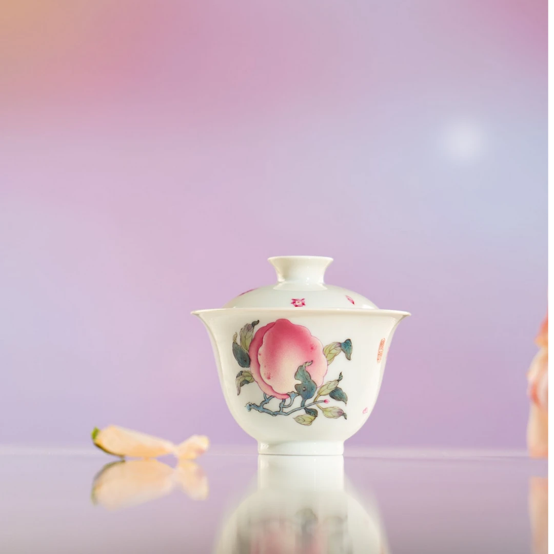 【双十二专属福利】溢珍堂寿桃小盖碗纯手工手绘高端陶瓷