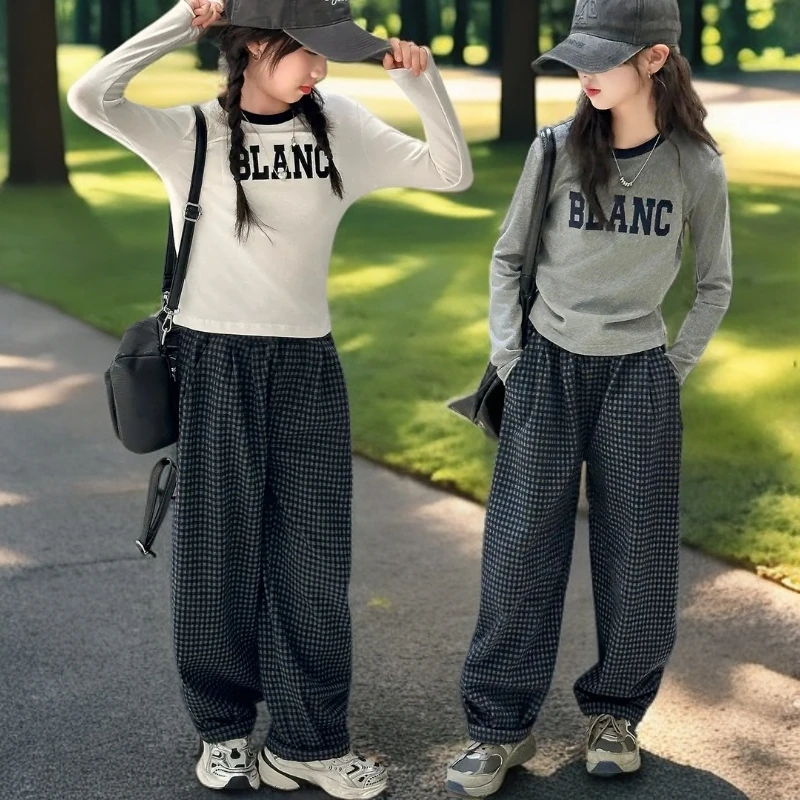 D女童春秋新款韩系字母打底衫套装中大童女孩洋气格子休闲裤两件