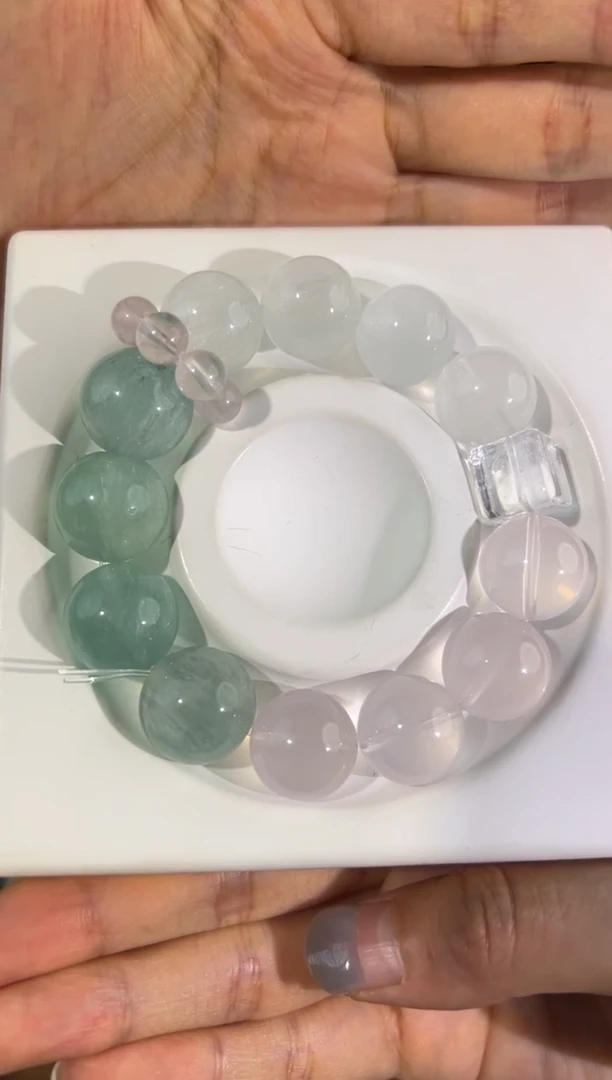 水晶手串未镶嵌 【桃花上上签】白水+绿萤石+拉丝兔毛萤石