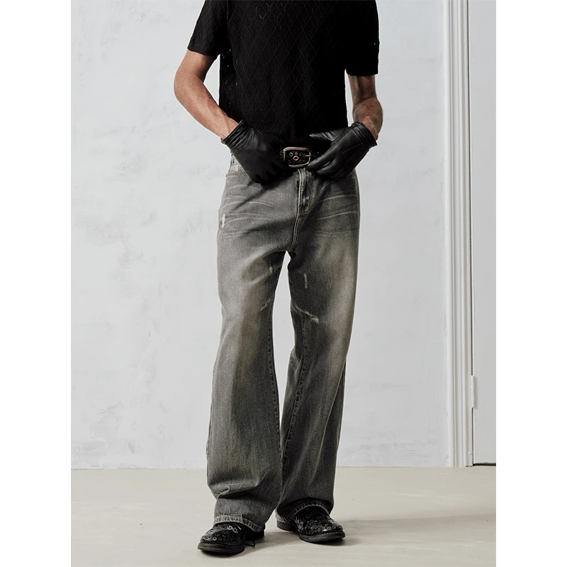 Rustynaill&ontheMoss复古灰色内华达洗水宽松休闲直筒长款牛仔裤