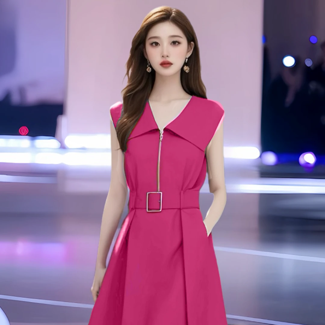 新款枚红翻领无袖收腰高腰连衣裙超好看大方得体的裙子女出行春游