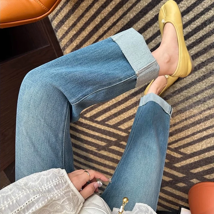 翻边水洗蓝直筒牛仔裤女2025春季新款梨型身材高腰弹力显瘦烟管裤