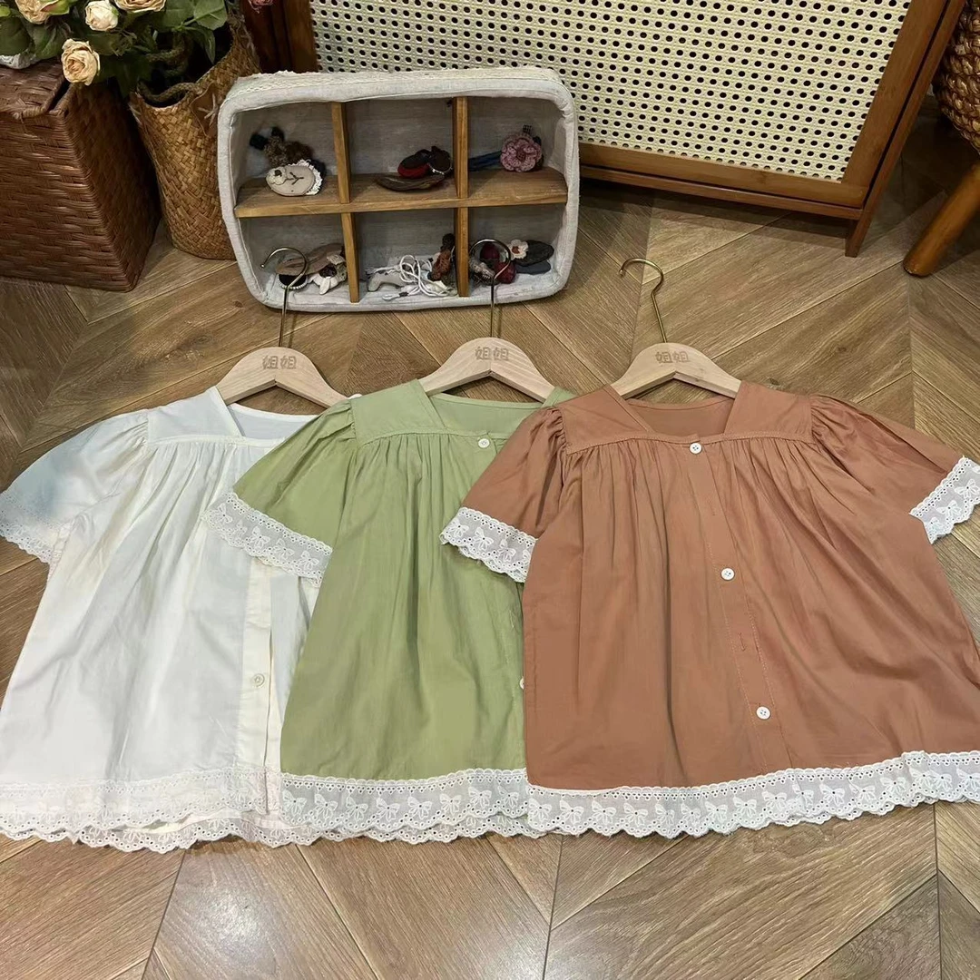 〖姐姐家〗2025女童拼接蕾丝边方领泡泡袖上衣短袖衬衫76709
