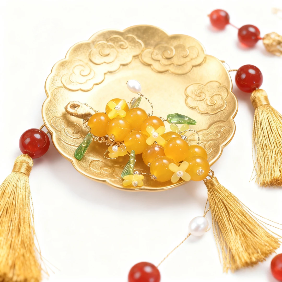 【古法手工】古风发簪汉服配饰柿柿桂花琉璃发夹A056