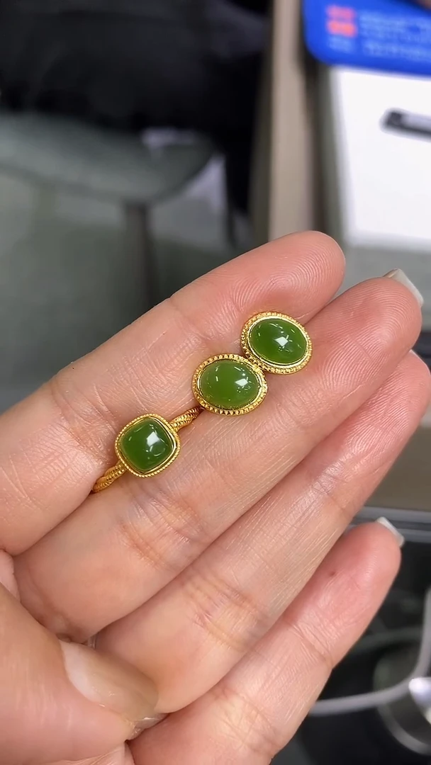 银S925镶嵌戒指和田玉（碧玉）李*聪和田玉碧玉戒指耳饰