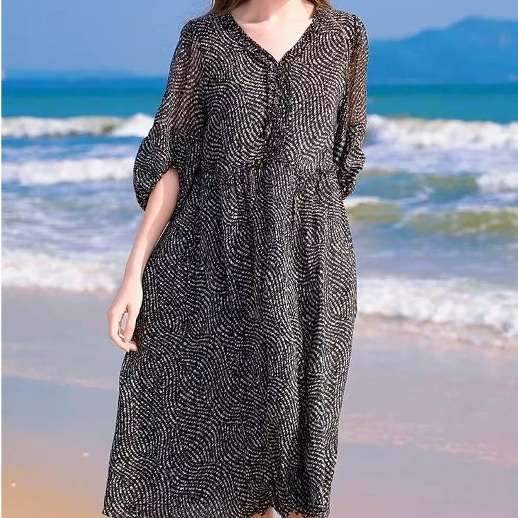 【DuShang】真丝桑蚕丝法式小众V领连衣裙CS