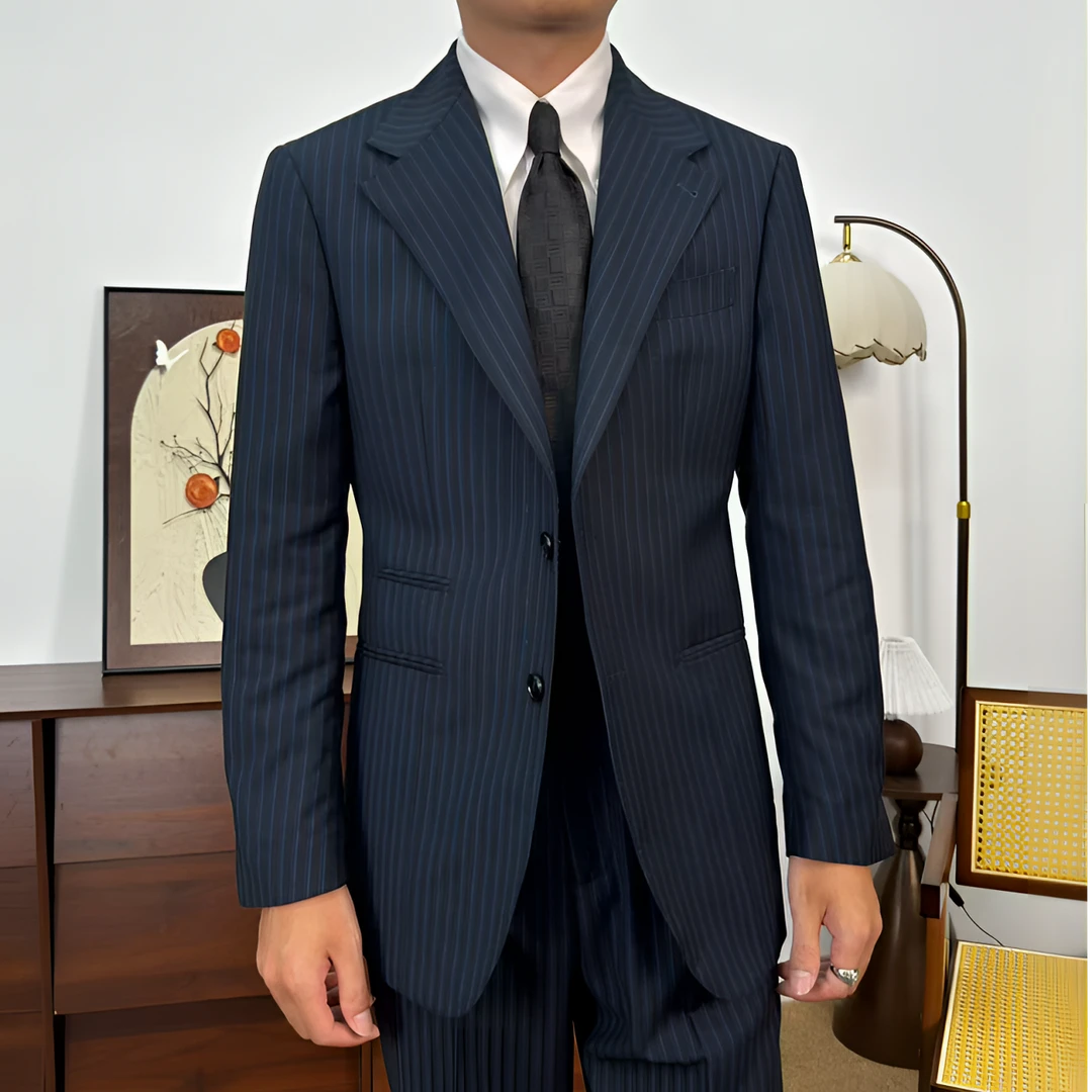 权势套装 轻奢高定意式藏青色条纹单排商务婚礼职业正装