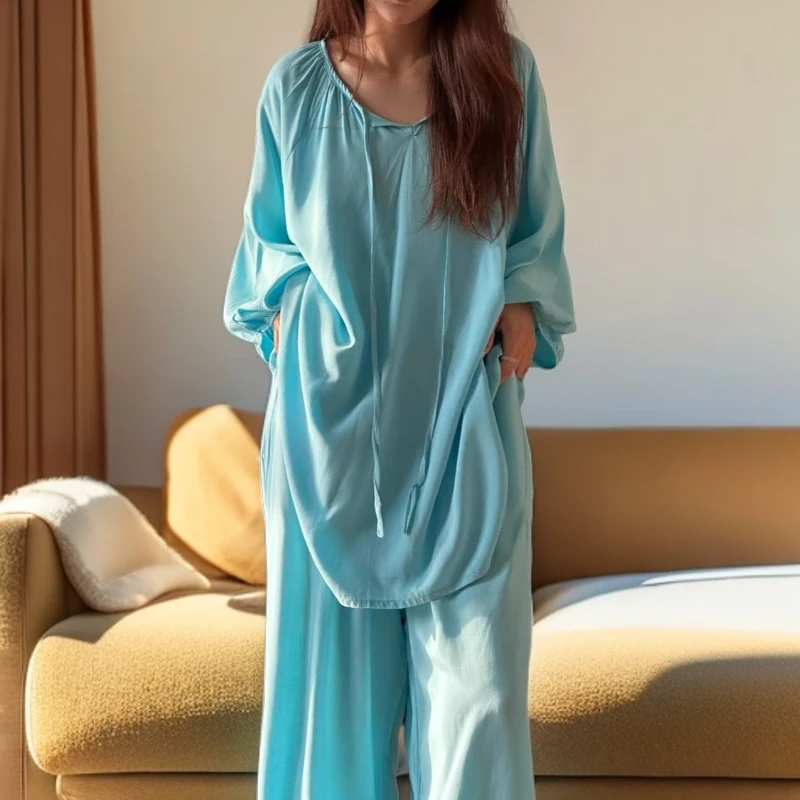 法式温柔风绵绸睡衣女夏季新款高级感简约纯色薄款长裤家居服套装