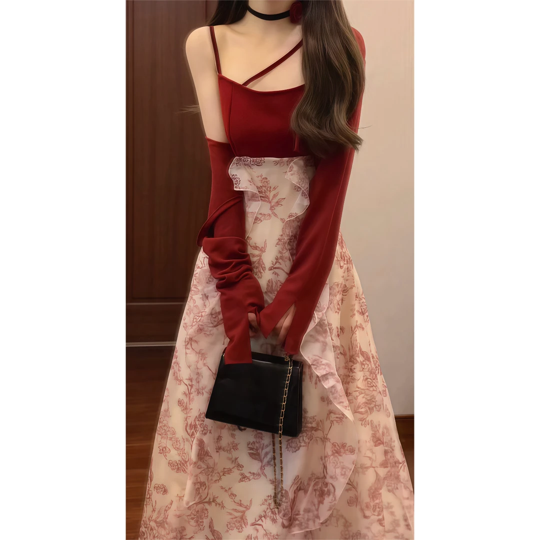 法式复古印花红色拼接碎花吊带连衣裙&防晒空调开衫9683