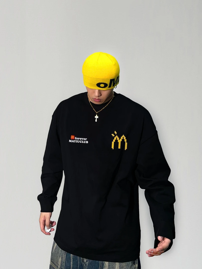 【重磅纯棉】春秋新款潮流休闲宽松印花百搭时尚圆领国潮男长袖T恤