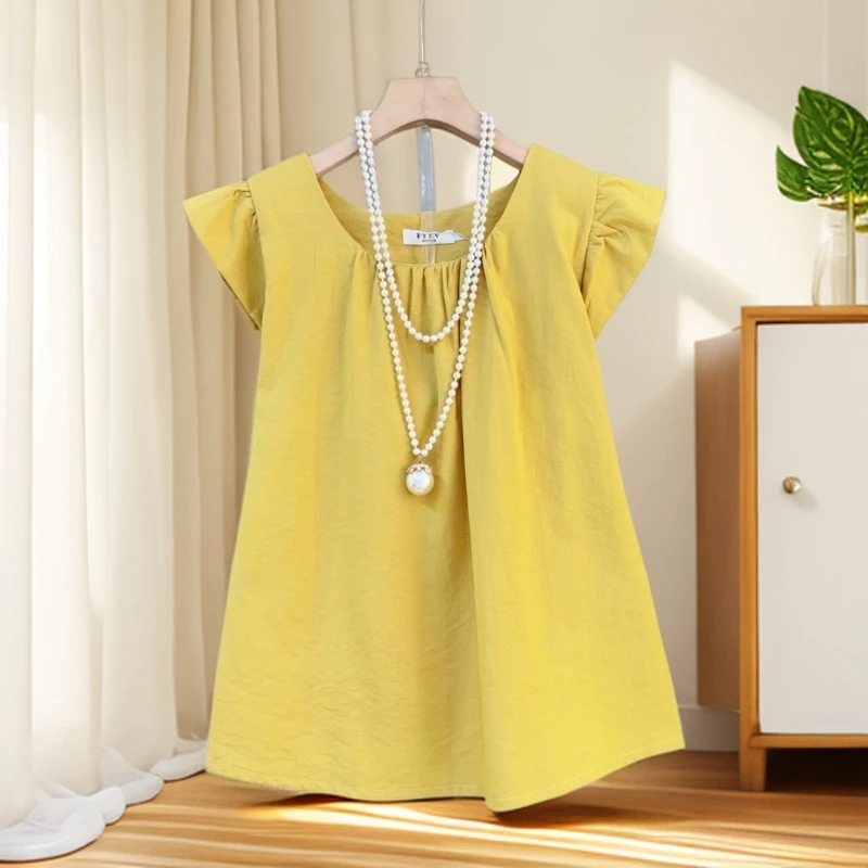 大码女装夏季新款时尚大衫女韩版圆领重工拼接花边袖百搭遮肉衬衫