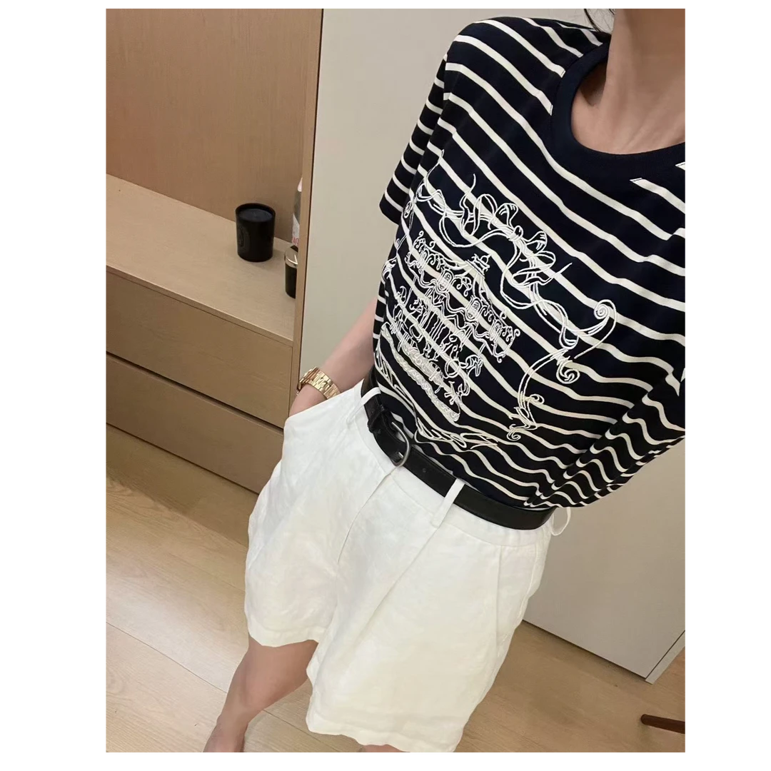 【梓铭】2595~简约大牌～旋转木马刺绣弹力条纹显瘦短袖上衣女夏