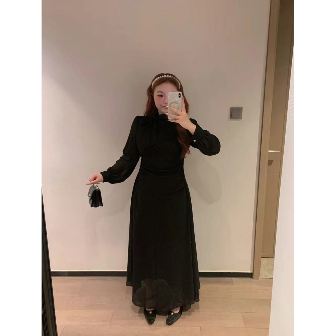 慧芝huizhi HZ119连衣裙 定制款 领口蝴蝶结收腰显瘦微胖连衣裙