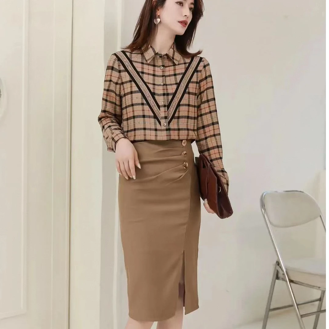 【F2268】休闲格纹通勤宽松显瘦衬衫上女装2025气质上衣