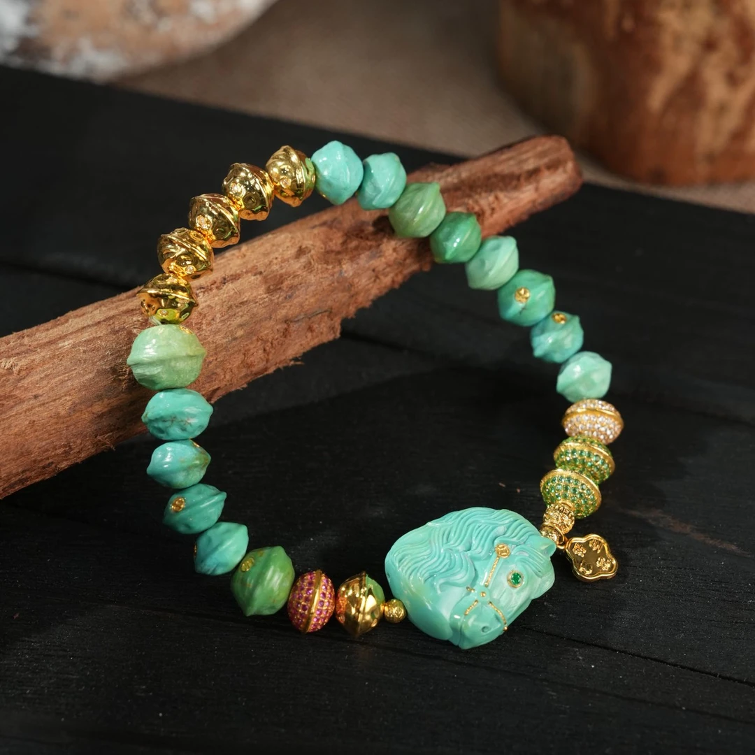 【壹芳珠宝】天然原矿绿松石百香马到成功18K金镶手串8-9mm