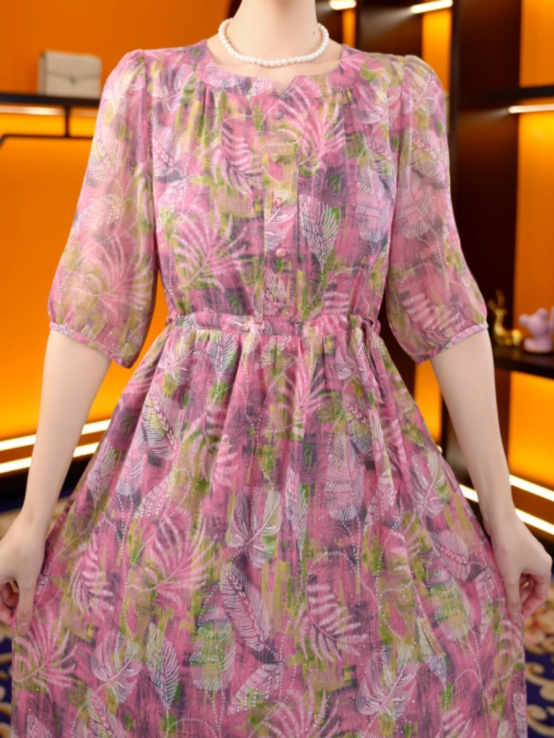 【紫蔷叶语】高级感优雅百搭抽绳收腰遮肉连衣裙14933