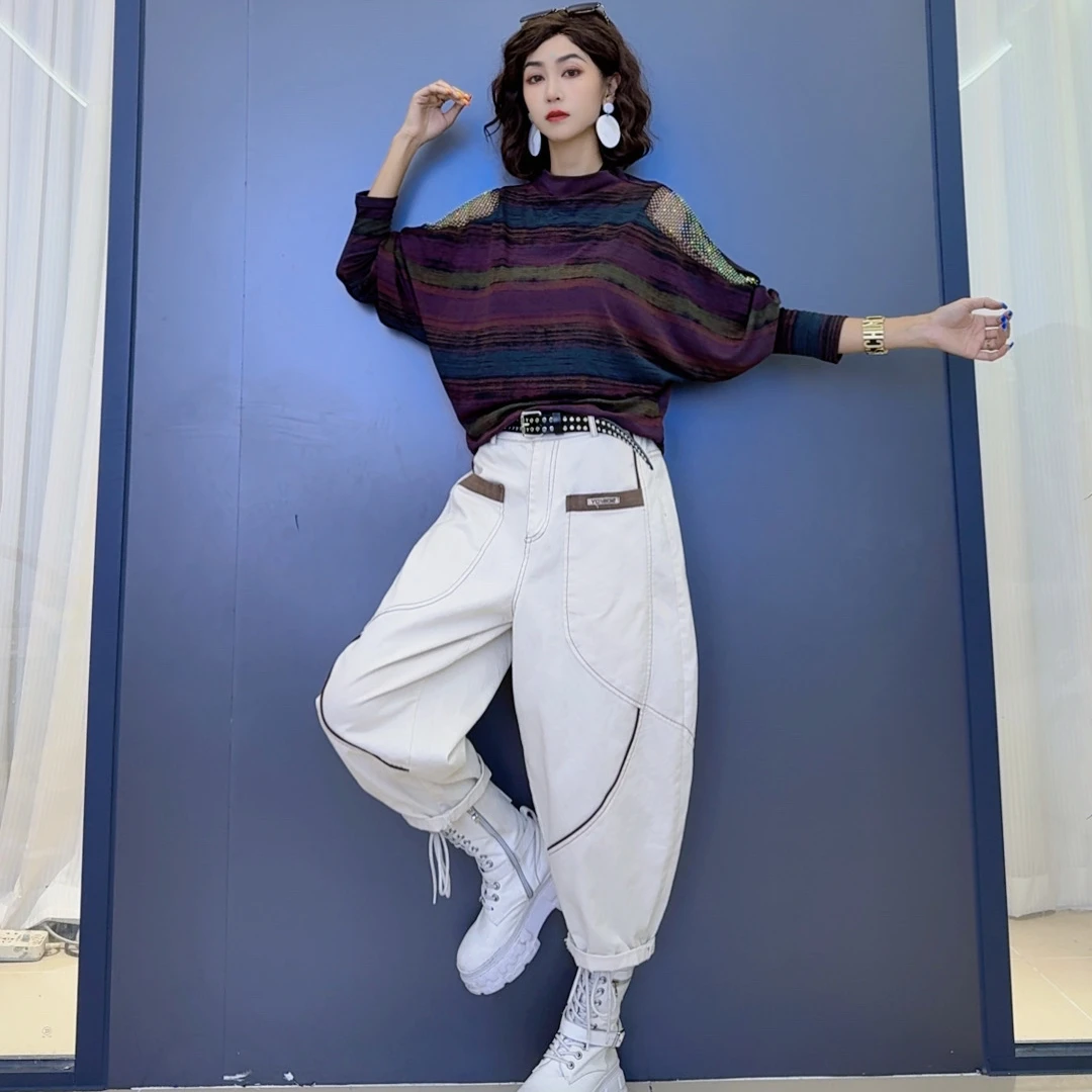 潮流网纱烫钻气质显瘦露肩上衣-时尚拼接个性韩版潮流哈伦牛仔裤