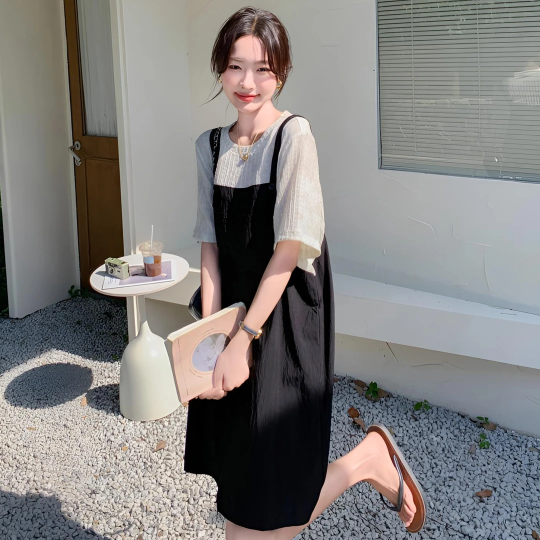 设计感拼色假两件背带连衣裙女夏季韩版宽松遮肉显瘦气质T恤裙子