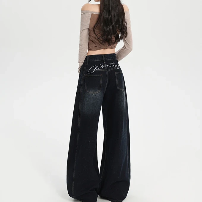美式复古蓝灰弯刀阔腿牛仔裤女秋季高腰显瘦刺绣直筒宽松拖地裤子