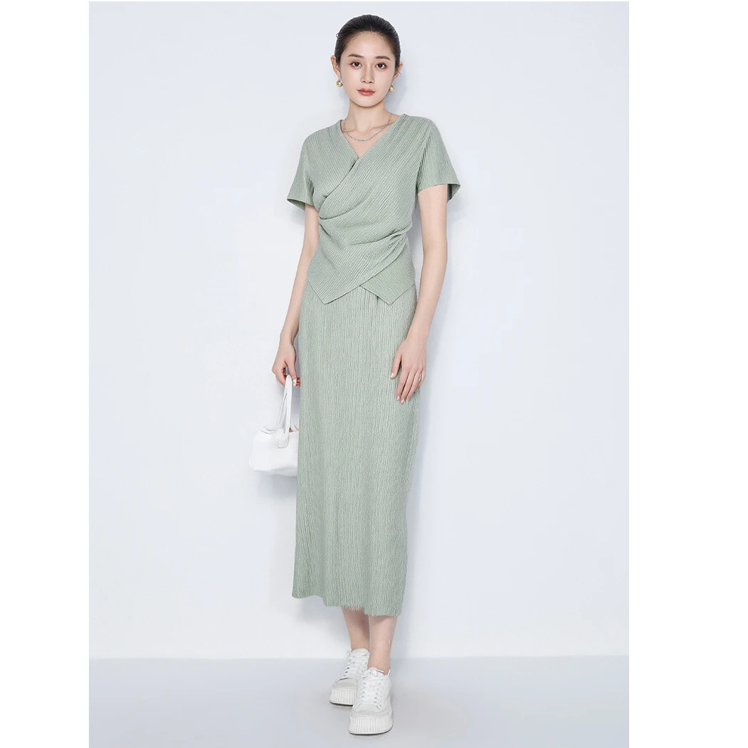 【马天奴】夏季新款V领短袖上衣半身裙衬衫长裙两件套装VHSB16STH0