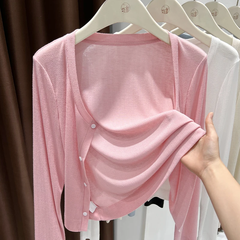 粉色开衫女薄款针织外套2025新款春秋宽松防晒披肩吊带裙外搭上衣