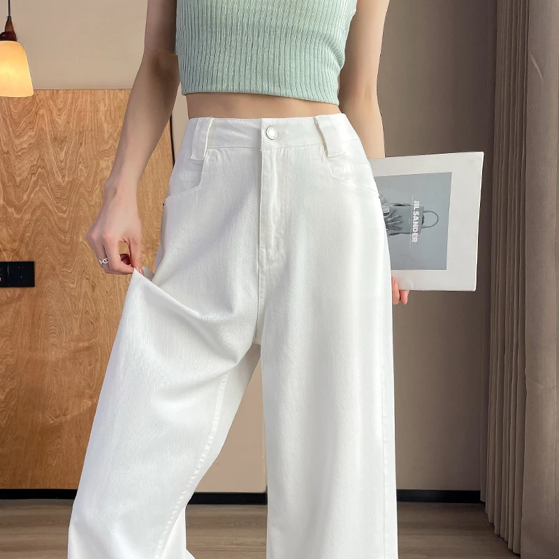 白色天丝高腰显瘦牛仔裤女夏季薄款直筒宽松垂感莱赛尔冰丝阔腿裤