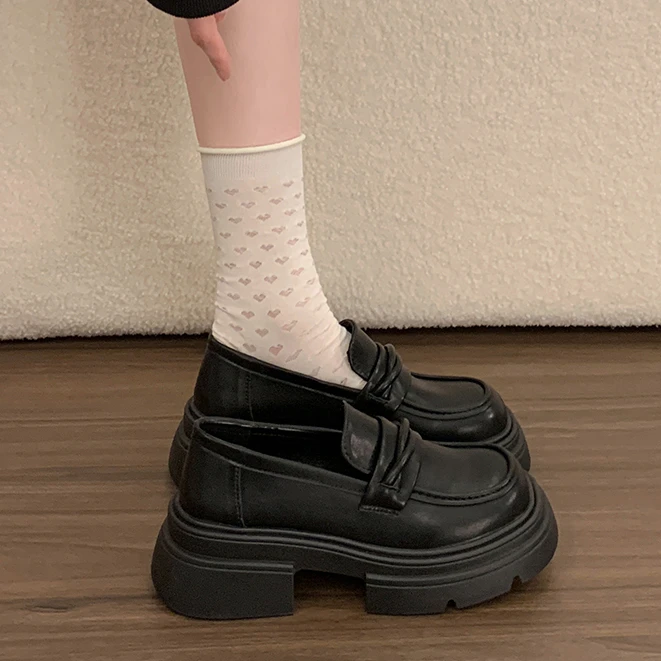 黑色大头厚底小皮鞋女单鞋春秋季新款英伦风一脚蹬粗跟增高乐福鞋