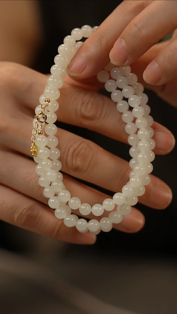 手链银S925镀金镶嵌和田玉（白玉）6mm多圈