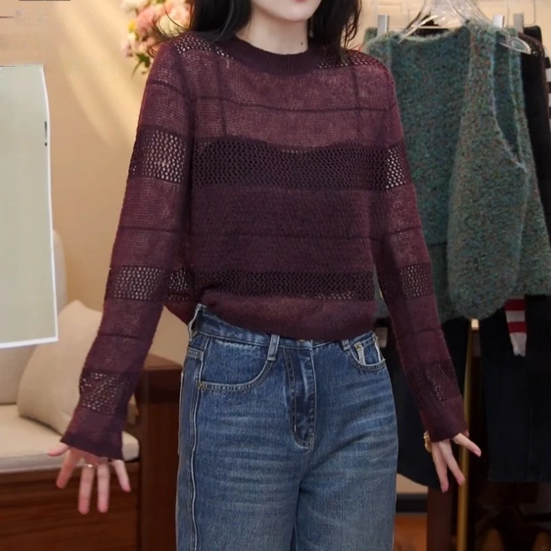 秋季垂感慵懒风镂空钩花长袖针织衫LK2505486