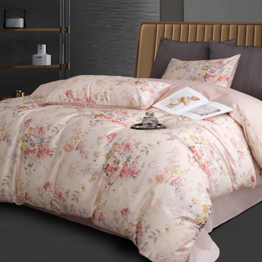 C7862 纯棉滚绳活性数码印花100s加大四件套 花语-粉220*240轻奢