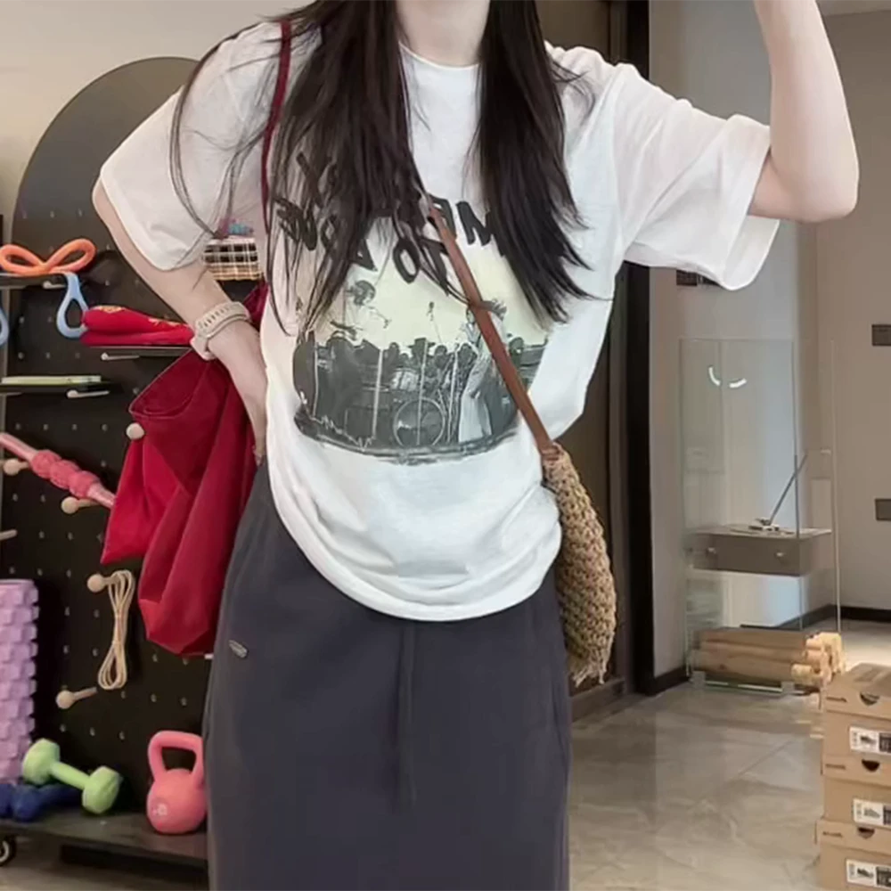 2025新品自由都市风印花宽松短袖女士T恤休闲百搭夏季圆领韩版